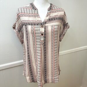 Easel Women's Boho Short Sleeve Top Small Beige Black Coral
